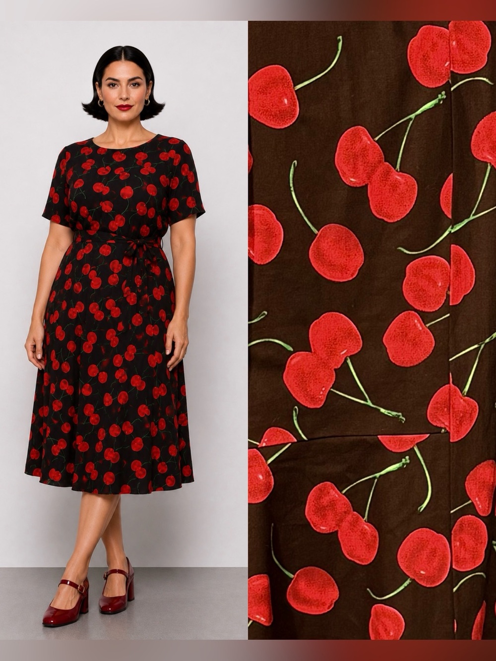 Red Cherry Print dress— Women's Elegant Tie-Waist. 42" bust. 16W